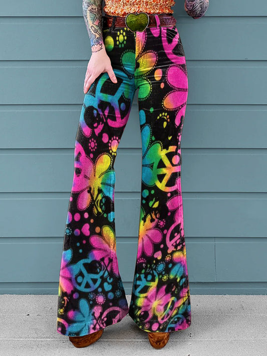 Women's Tie-Dye Hippie Peace Floral Patterns Print Casual Wide Leg Pants