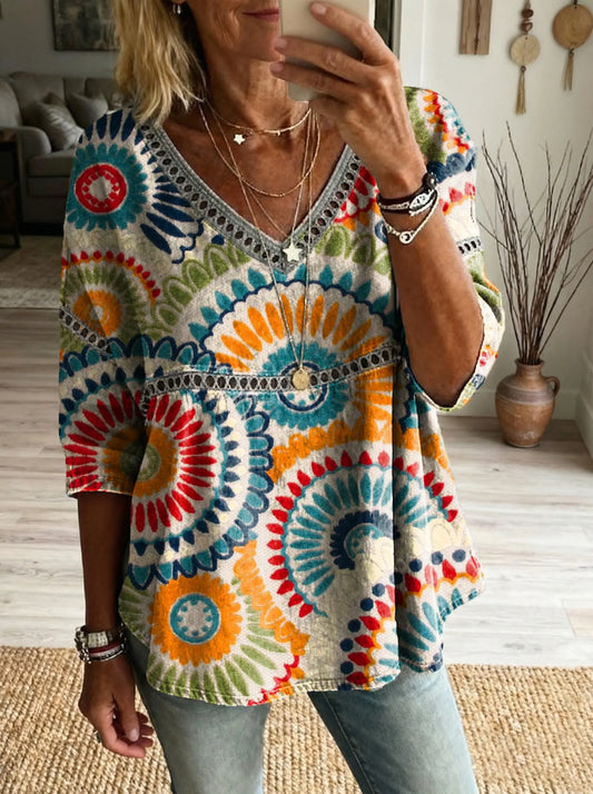 Women's Colorful Totem Pattern Art Print Casual Hollow-Out Top