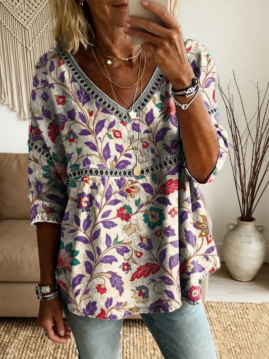 Women's Retro Floral Art Print V-Neck Lace Shirt