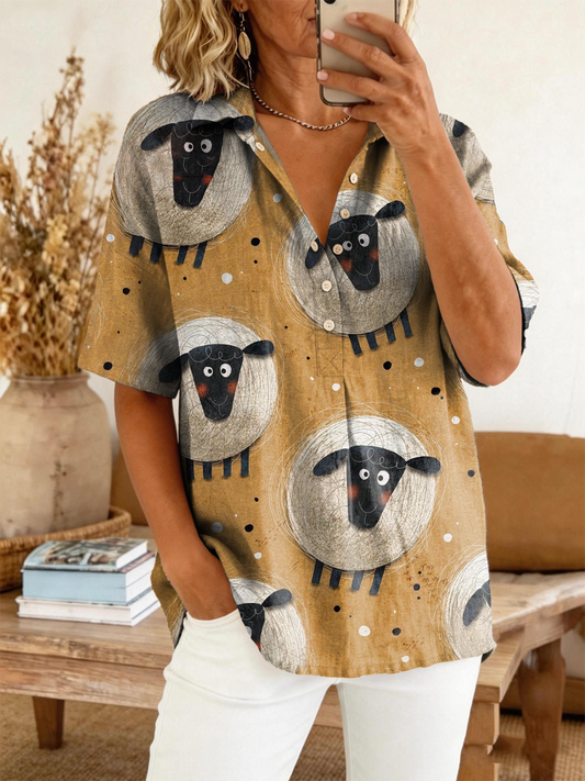 Women's Retro Sheep Art Print Casual Short-sleeve Polo Shirt