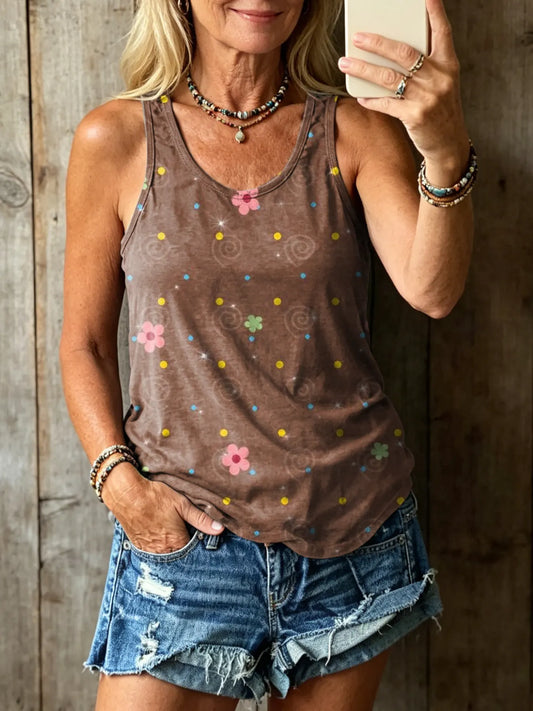 Women's Vintage-Style Line Floral Art Print Crew Neck Sleeveless Tank Top