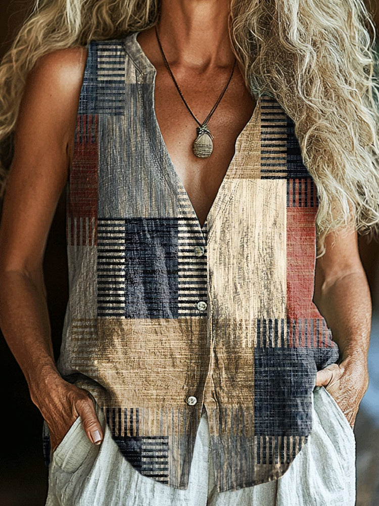 Women's Retro Geometric Art Print Sleeveless Cotton Shirt