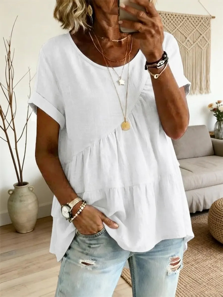 Women's Art Print Round Neck Loose Short-sleeved Shirt – Side Tether