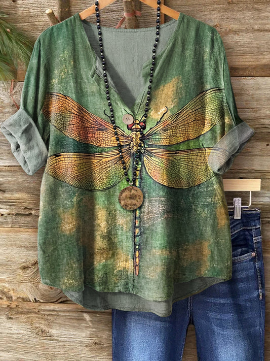 Women's Retro Dragonfly Print Casual Cotton Linen Shirt