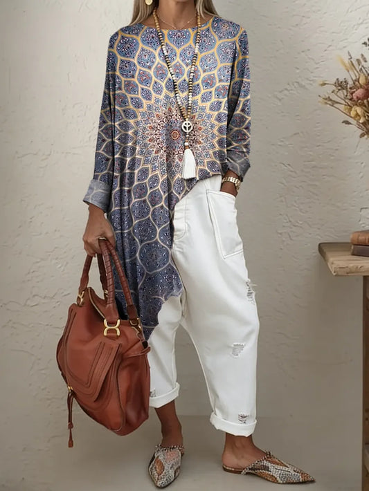 Women's Vintage Ethnic Pattern Art Print Irregular Hem Cotton Long-sleeve T-shirt