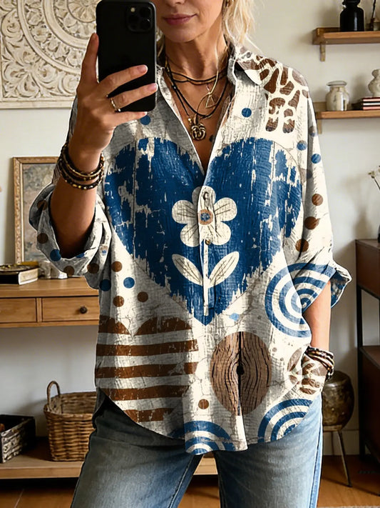 Women's Casual Long-sleeve Shirt With Heart-and-flower Artistic Print