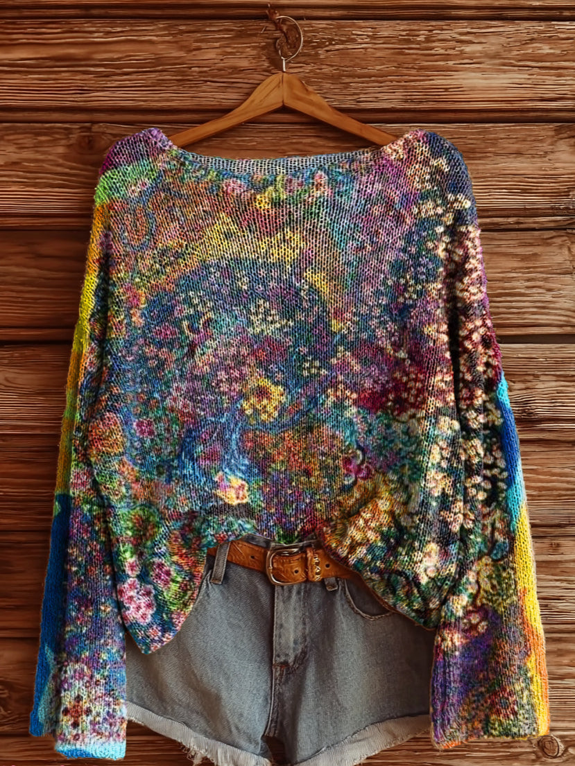 Women's Vintage Bohemian Floral Art Print Casual Pullover Sweater