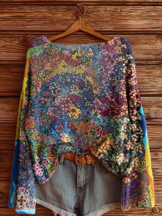 Women's Vintage Bohemian Floral Art Print Casual Pullover Sweater