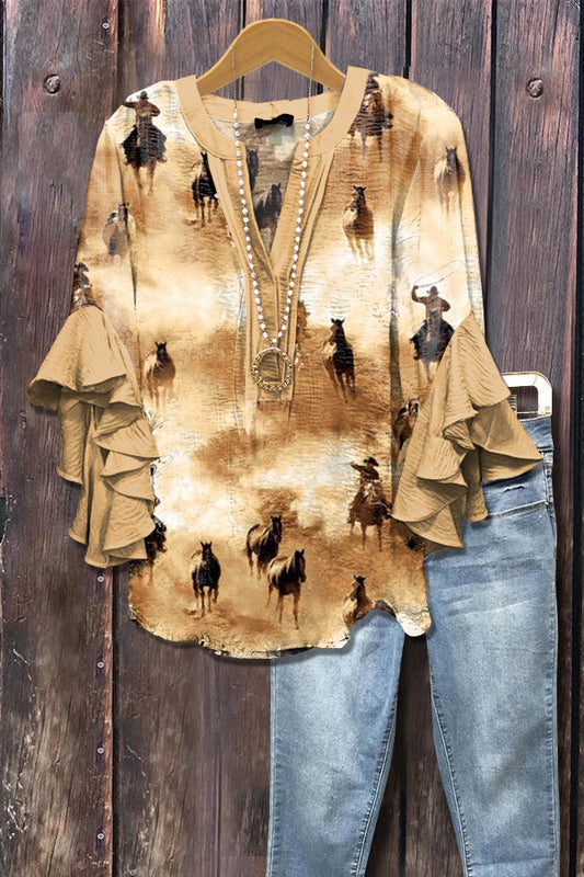 Vintage Western Horse Print Ruffle Sleeve Top