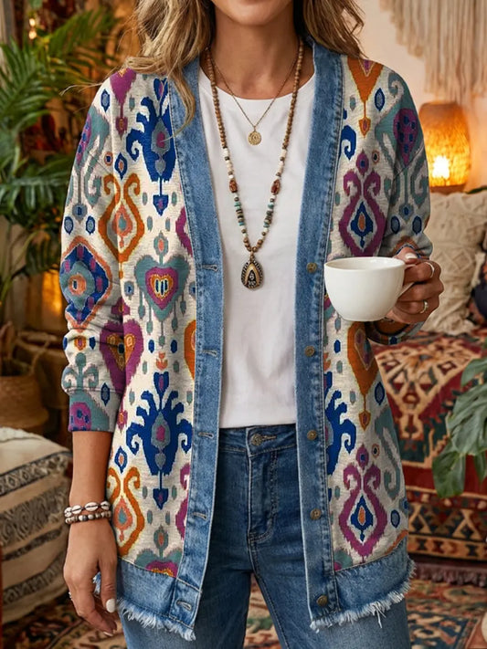 Women's Vintage Floral Pattern Art Print Casual Long-sleeve Shirt Jacket