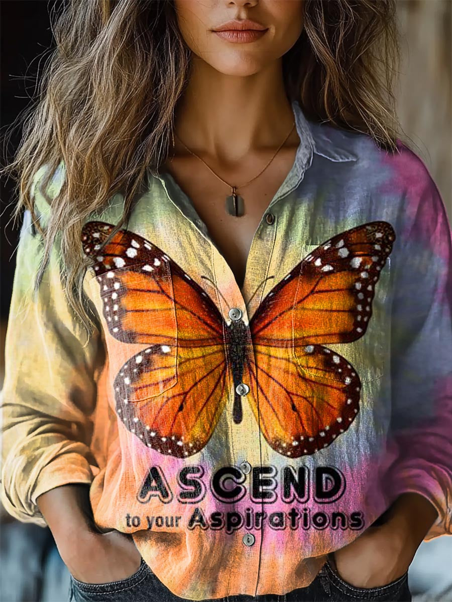 Women's Colorful Tie Dye Butterfly Print Casual Long Sleeve Comfortable Cotton Shirt