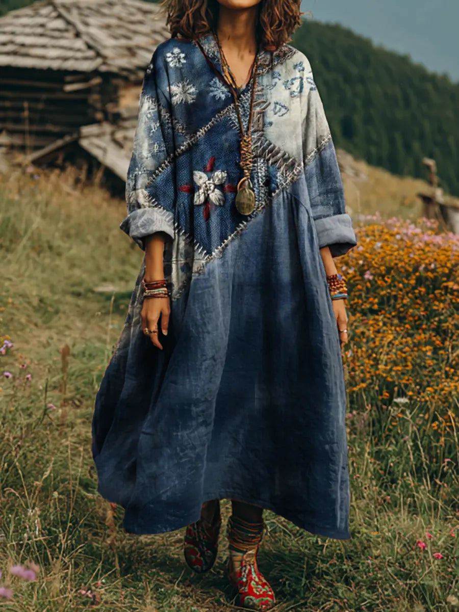 Ethnicity Texture Geometry Flowers Dark Blue Women's Art Print Casual Long Sleeve Dress