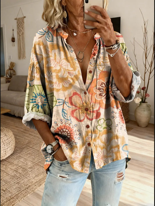 Women's Bohemian Vintage Floral Art Print Casual Shirt