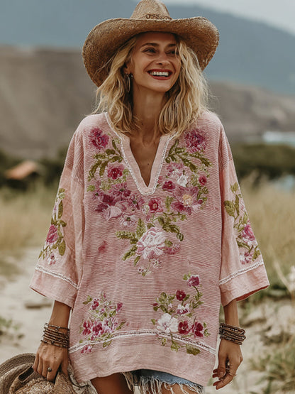 Love & Health Collection Retro Western Women Style Vintage Pink Striped And Floral Patchwork Art Linen Shirt