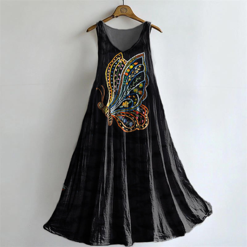 Women's Butterfly Pattern Art Print Round Neck Sleeveless Cotton Pocket Dress