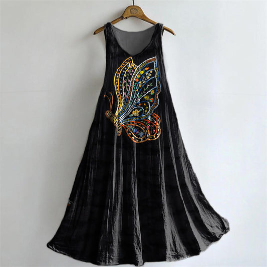 Women's Butterfly Pattern Art Print Round Neck Sleeveless Cotton Pocket Dress