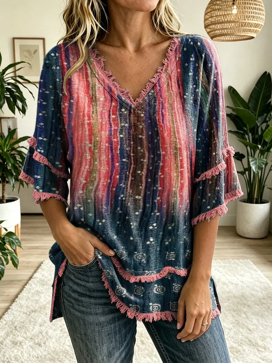 Women's Folk Art Print V-Neck Tasseled Cotton Top