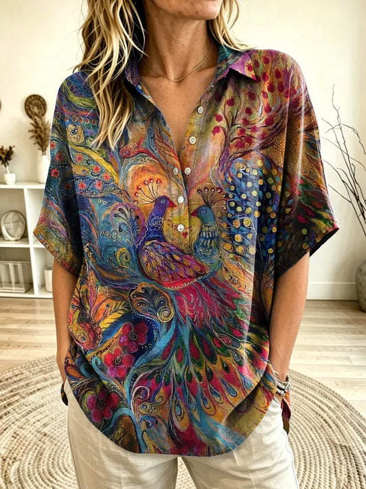Women's Peacock Art Print Collared Short Sleeve Henley Blouse