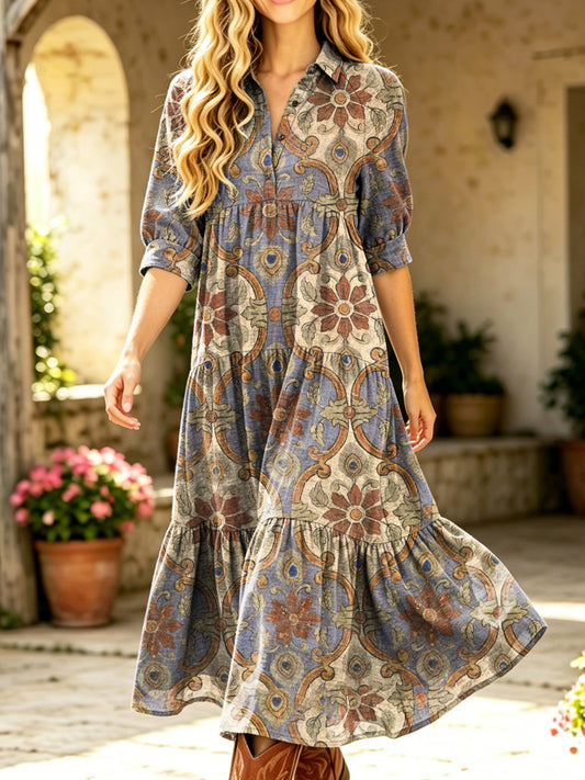 Women's Retro Ethnic Floral Art Print Casual Half-sleeve Shirt Collar Dress