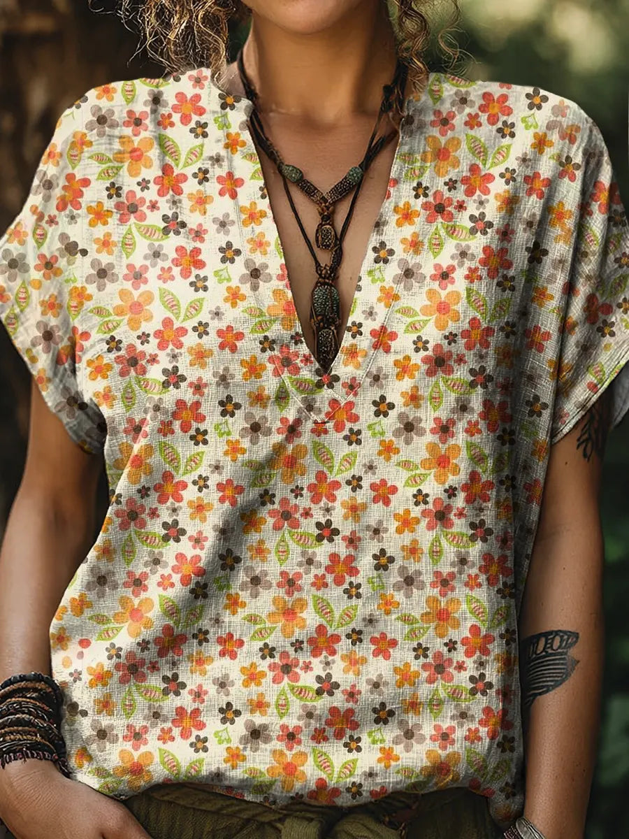Women's Floral Print Casual V-neck Short-sleeve T-shirt