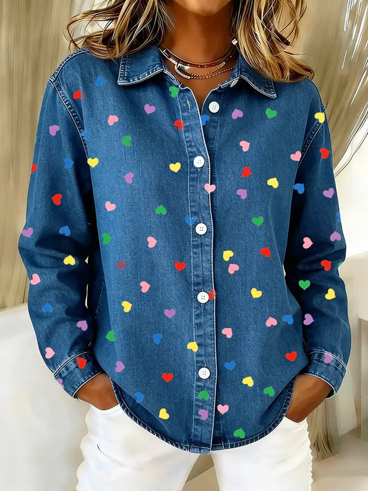 Women's Heart-Shaped Art Print Washed Denim Cotton Shirt