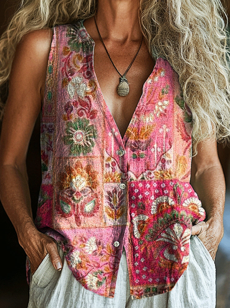 Women's Ethnic Collage Floral Art Print Sleeveless Cotton Shirt