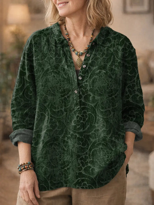 Ethnicity Rose Flower Dark Green Women's Print Casual Cotton And Linen Shirt
