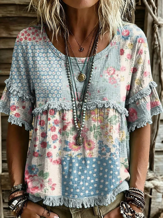 Women's Colorful Patchwork Floral Art Print Crew Neck T-Shirt