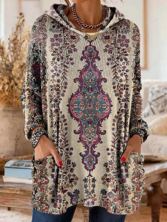 Women's Vintage Floral Art Print Casual Knit Hoodie With Pockets