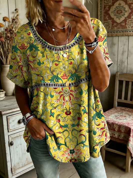 Women's Folk Floral Art Print Round Neck Short Sleeve Hollow-Out Shirt