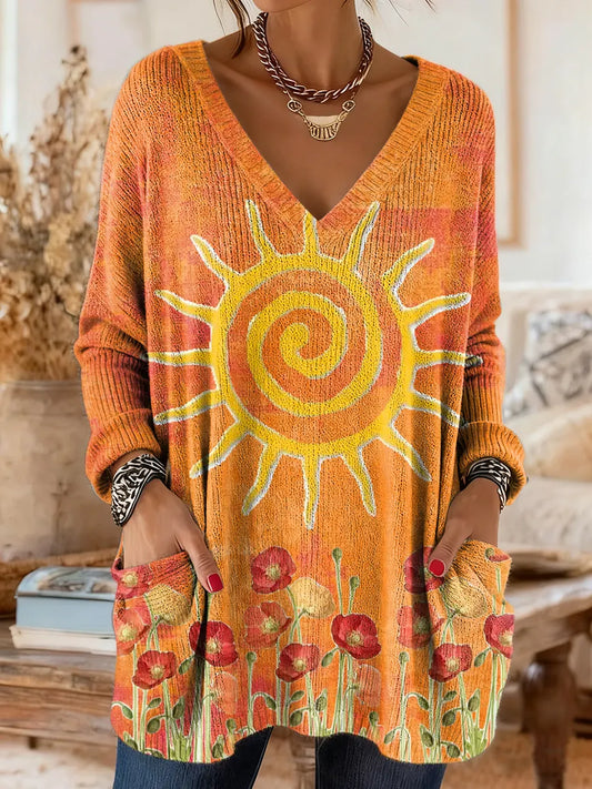 Women's Sunflower Floral Art Print Casual V-neck Long Sleeve Shirt With Pocket
