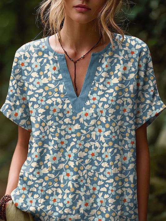 Ethnicity Bohemia Flowers Geometry Women's Art Print Casual Short-sleeve V-neck Cotton Linen Shirt