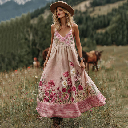 Love & Health Collection Retro Western Women Style Vintage Gradient Pink Striped And Floral Patchwork Art Linen Suspender Dress