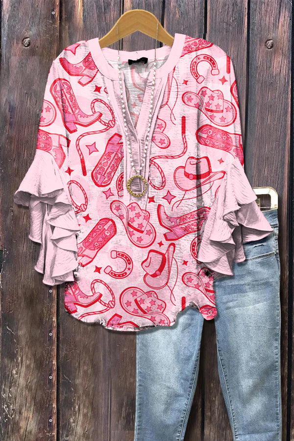 Retro Western Cowgirl Print Ruffle Sleeve Top
