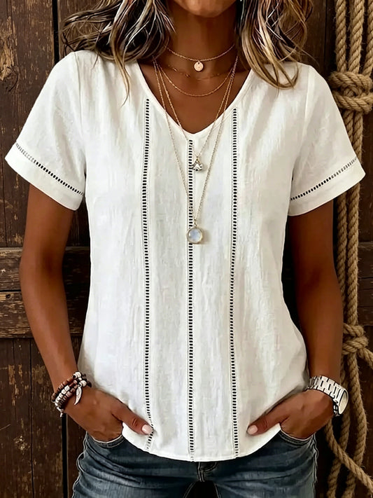 Women's Casual Short-sleeve V-neck Hollow-out Cotton Linen T-shirt