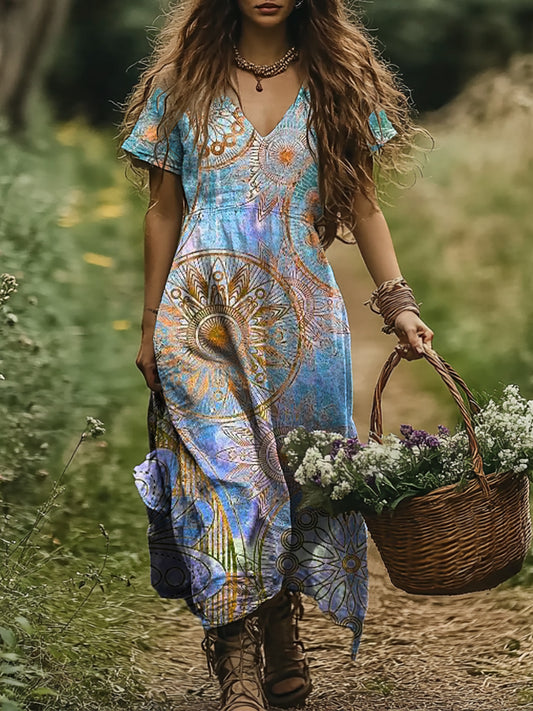 Women's Vintage Ethnic Pattern Art Print Pocket Cotton Dress