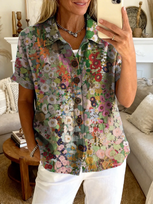 Women's Retro Colorful Floral Art Print Casual Short-Sleeve Top with Lapel Collar