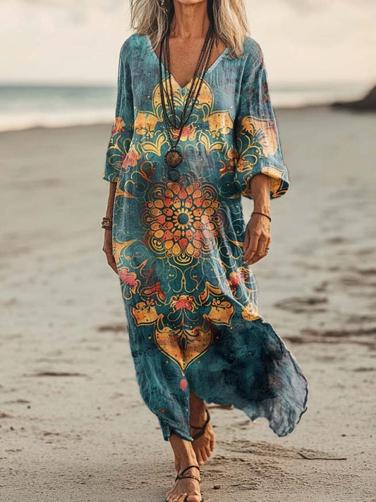 Women's Vintage Mandala Pattern Art Print Pocket Cotton Dress