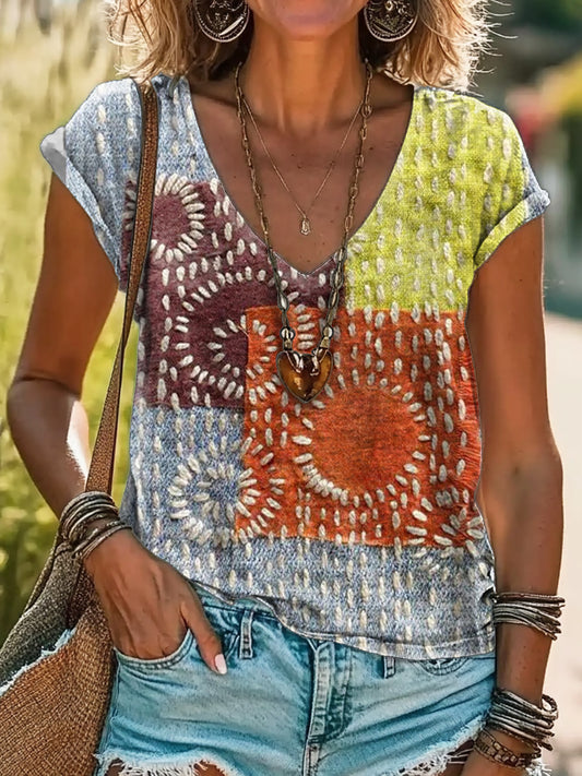 Patchwork Art Print 100% Cotton V-Neck T-Shirt