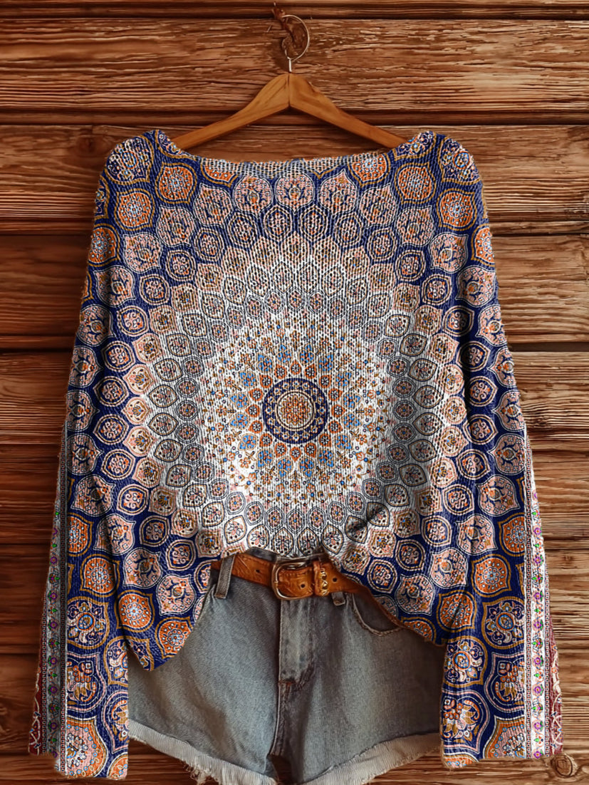 Women's Vintage Ethnic Floral Art Print Casual Pullover Sweater