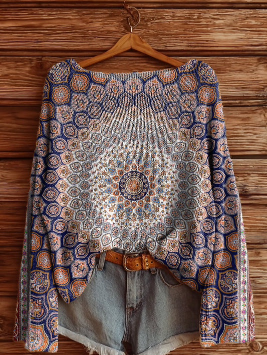 Women's Vintage Ethnic Floral Art Print Casual Pullover Sweater