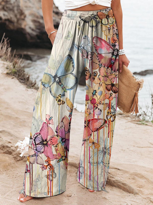 Women's Colorful Butterfly Printed Cotton And Linen Casual Pants