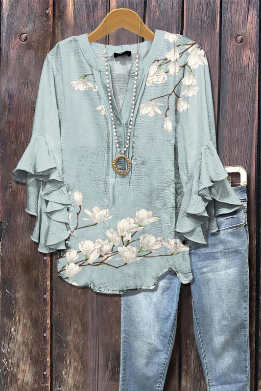 Elegant Floral Print Ruffle Sleeve Top