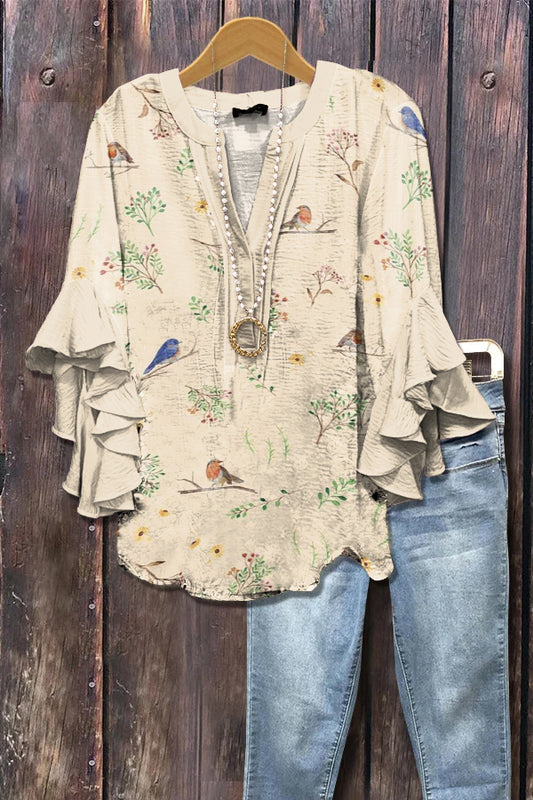Elegant Robin Floral Print Ruffle Sleeve Top