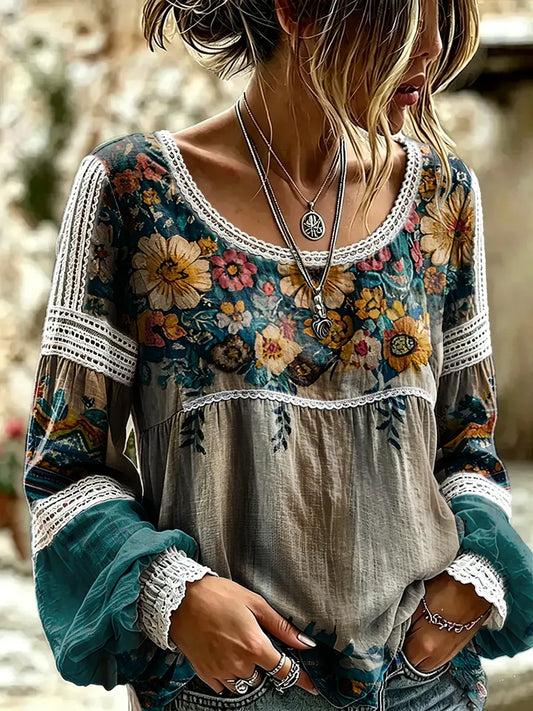 Women's Vintage Ethnic Floral Print Lace Blouse