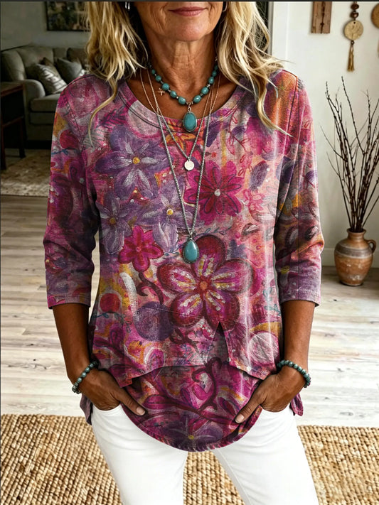 Women's Casual Round-Neck T-Shirt with Floral Art Print