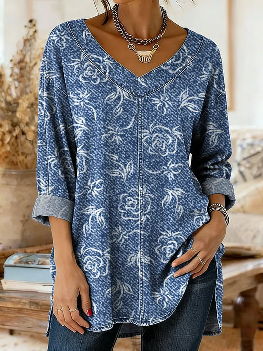 Women's Floral Art Print Casual Washed Denim Cotton Top
