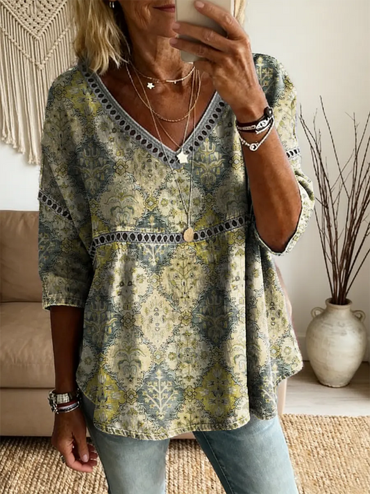 Ethnicity Flowers Rhombus Women's Vintage Art Print Casual V Neck Cutout Top