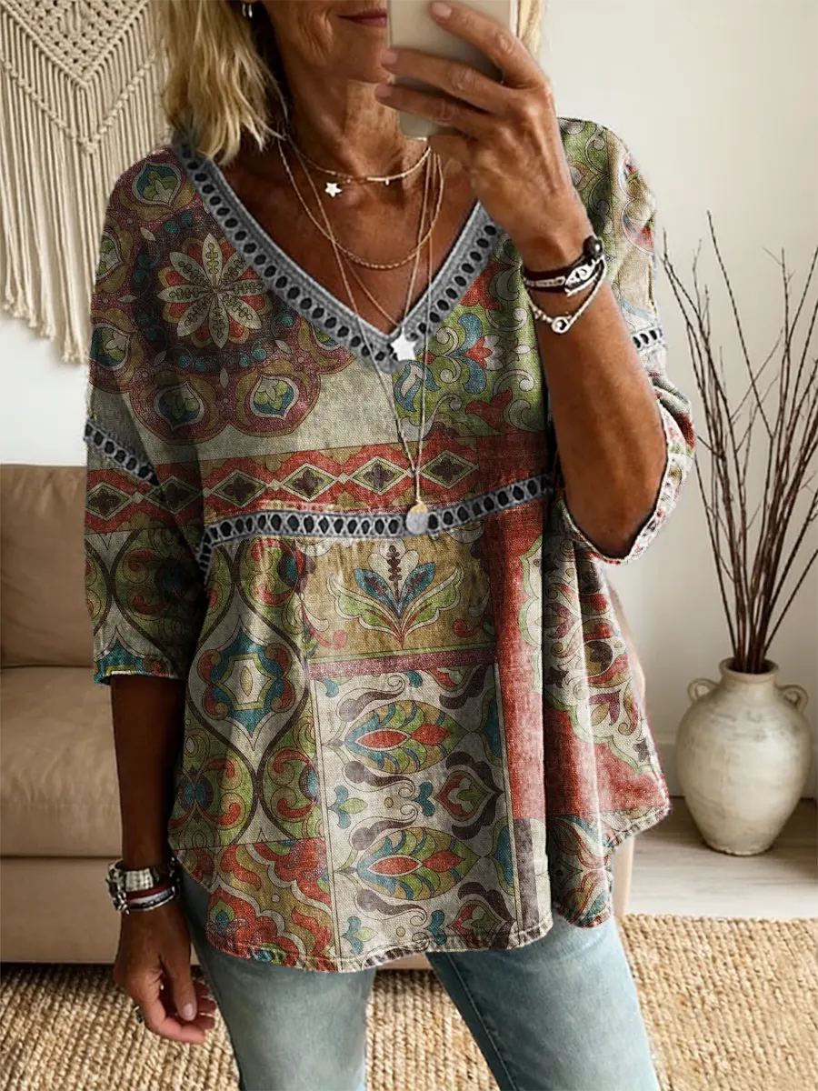 Ethnicity Totem Flowers Patchwork Women's Vintage Art Print Casual V Neck Cutout Top