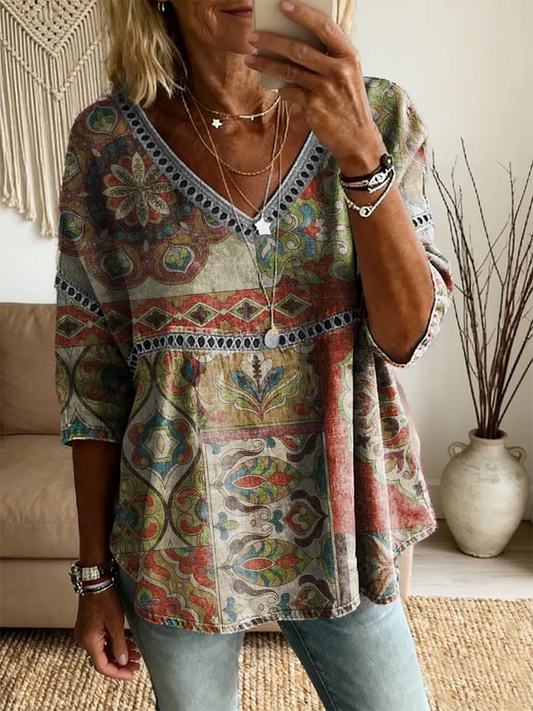 Ethnicity Totem Flowers Patchwork Women's Vintage Art Print Casual V Neck Cutout Top
